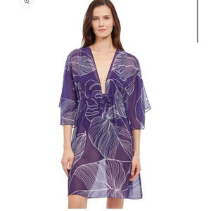 NEW Gottex Natural Essence Deep V-Neck Swimsuit Cover Up Dress Purple Size Large
